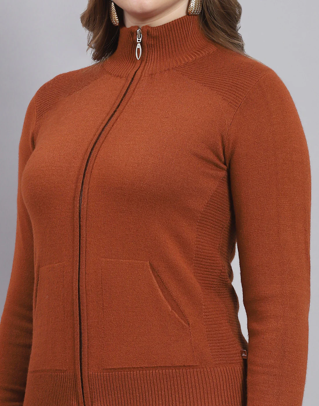 Women Rust Solid Stand Collar Full Sleeve Cardigan - Image 6