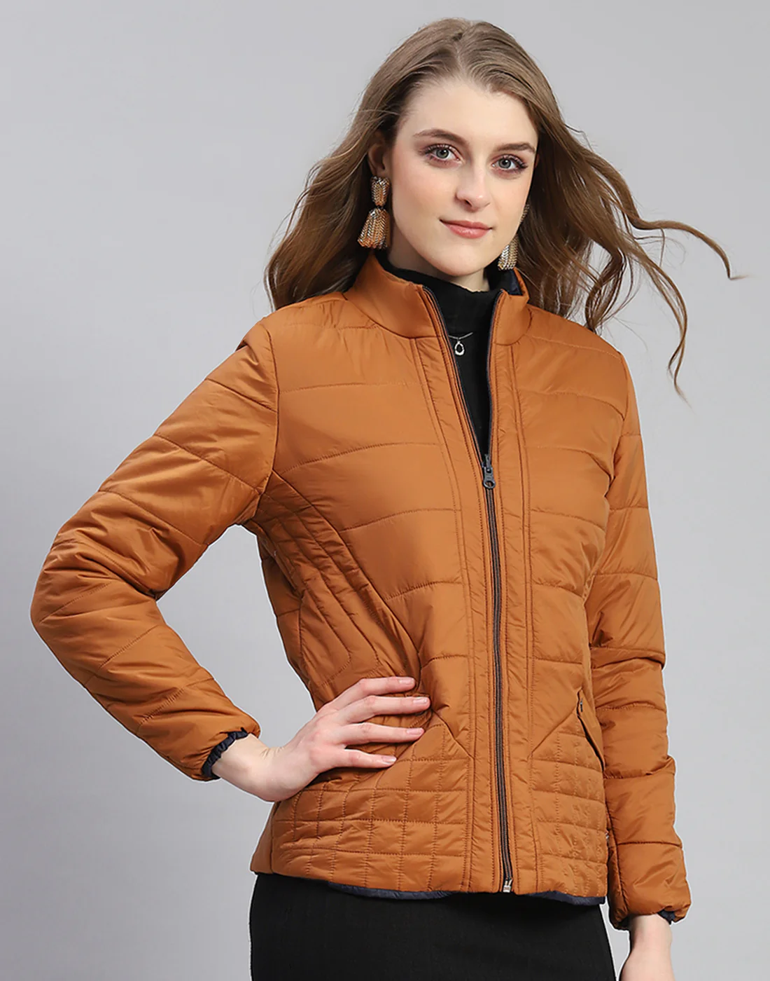 Women Rust Solid Stand Collar Full Sleeve Reversible Jacket - Image 5