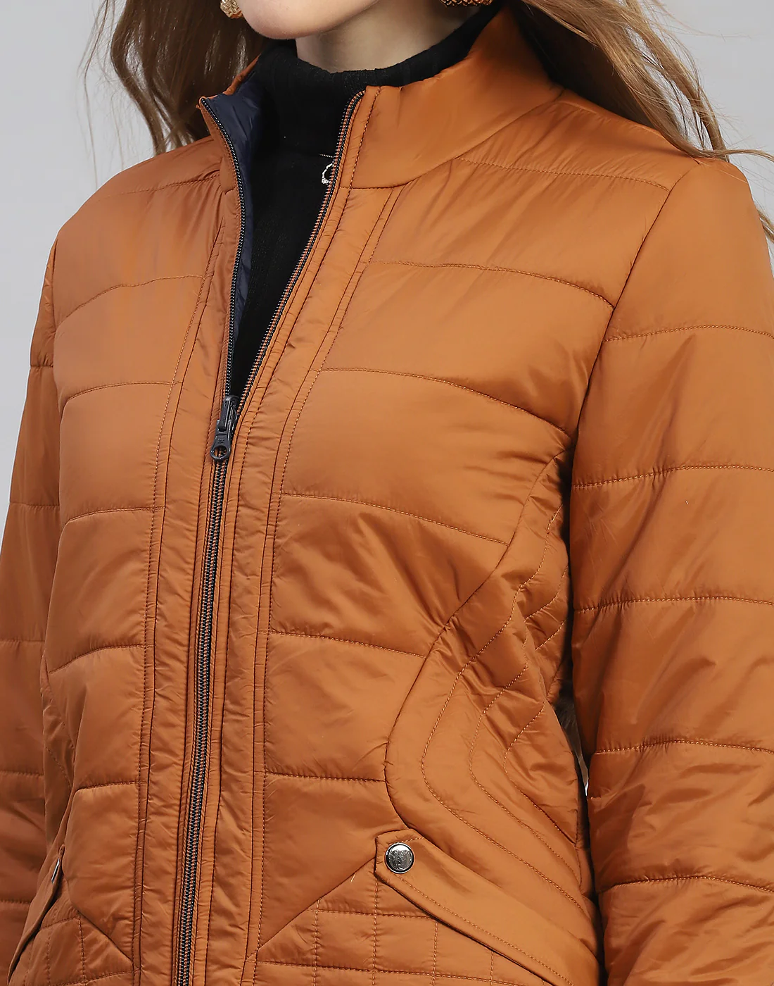 Women Rust Solid Stand Collar Full Sleeve Reversible Jacket - Image 9