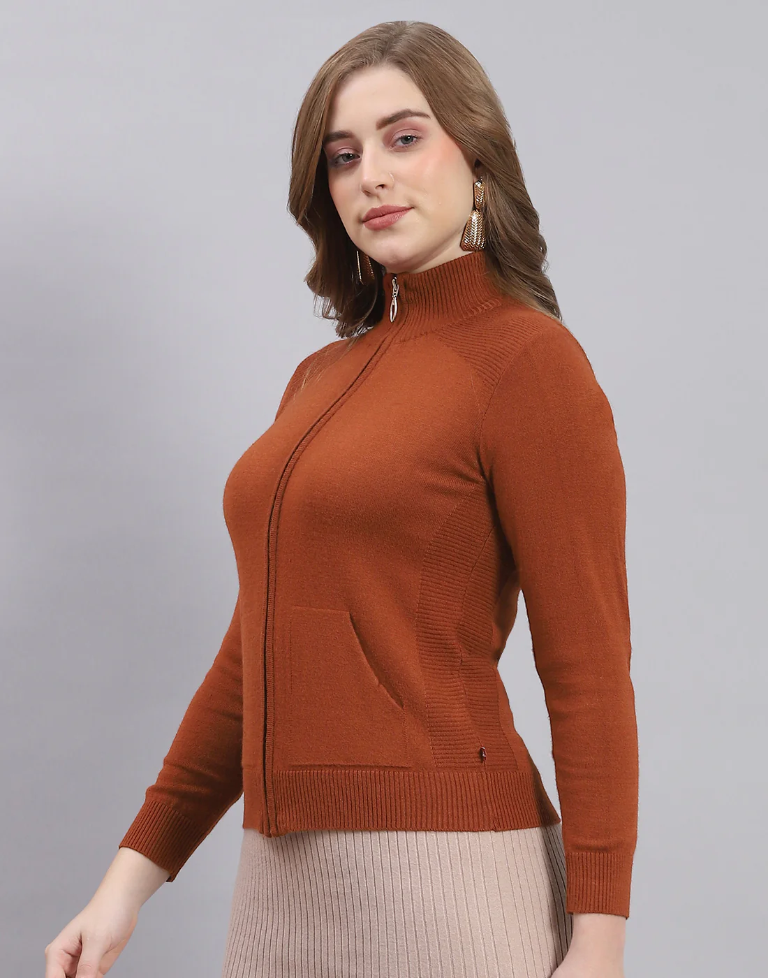 Women Rust Solid Stand Collar Full Sleeve Sweater - Image 3