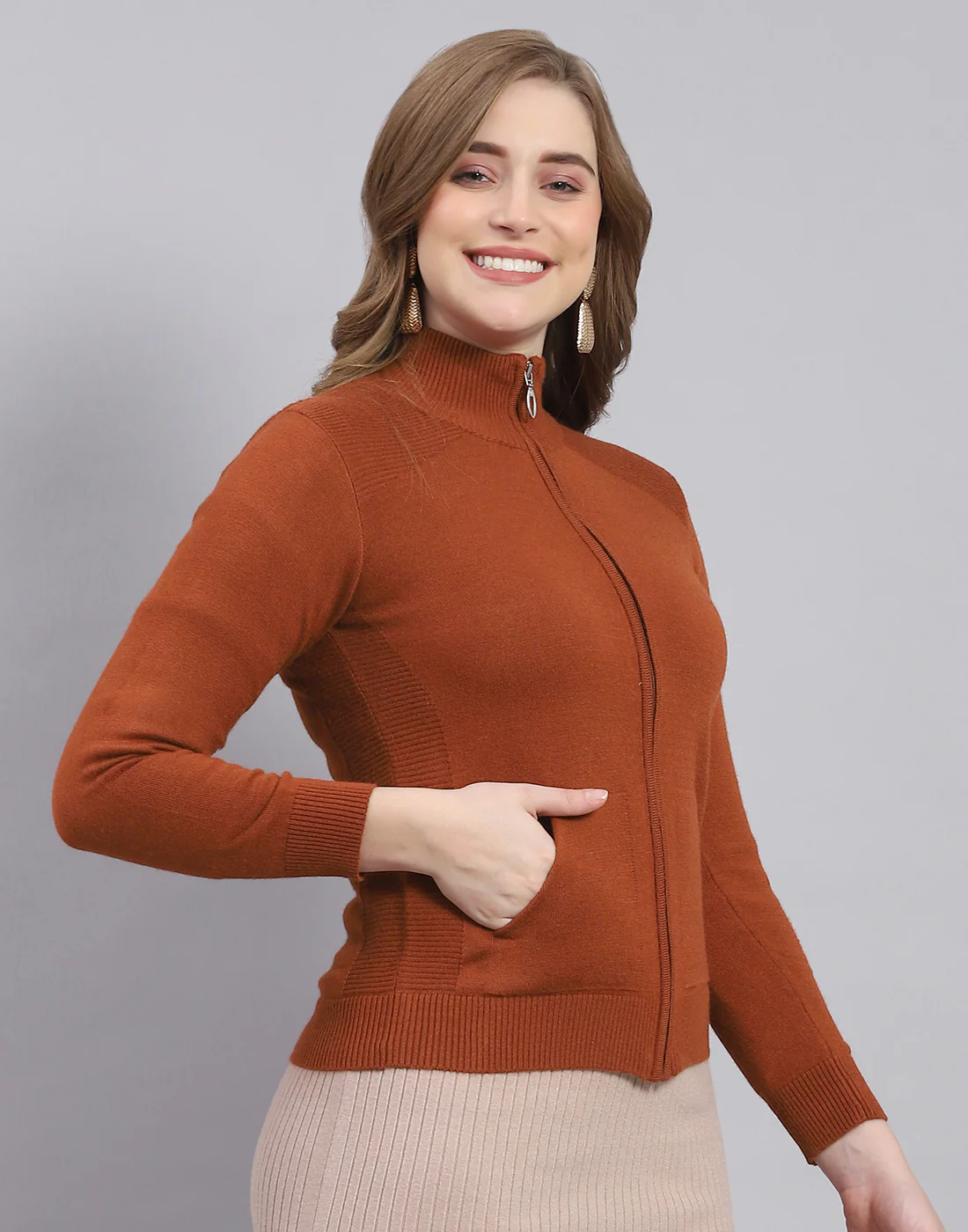 Women Rust Solid Stand Collar Full Sleeve Sweater - Image 4