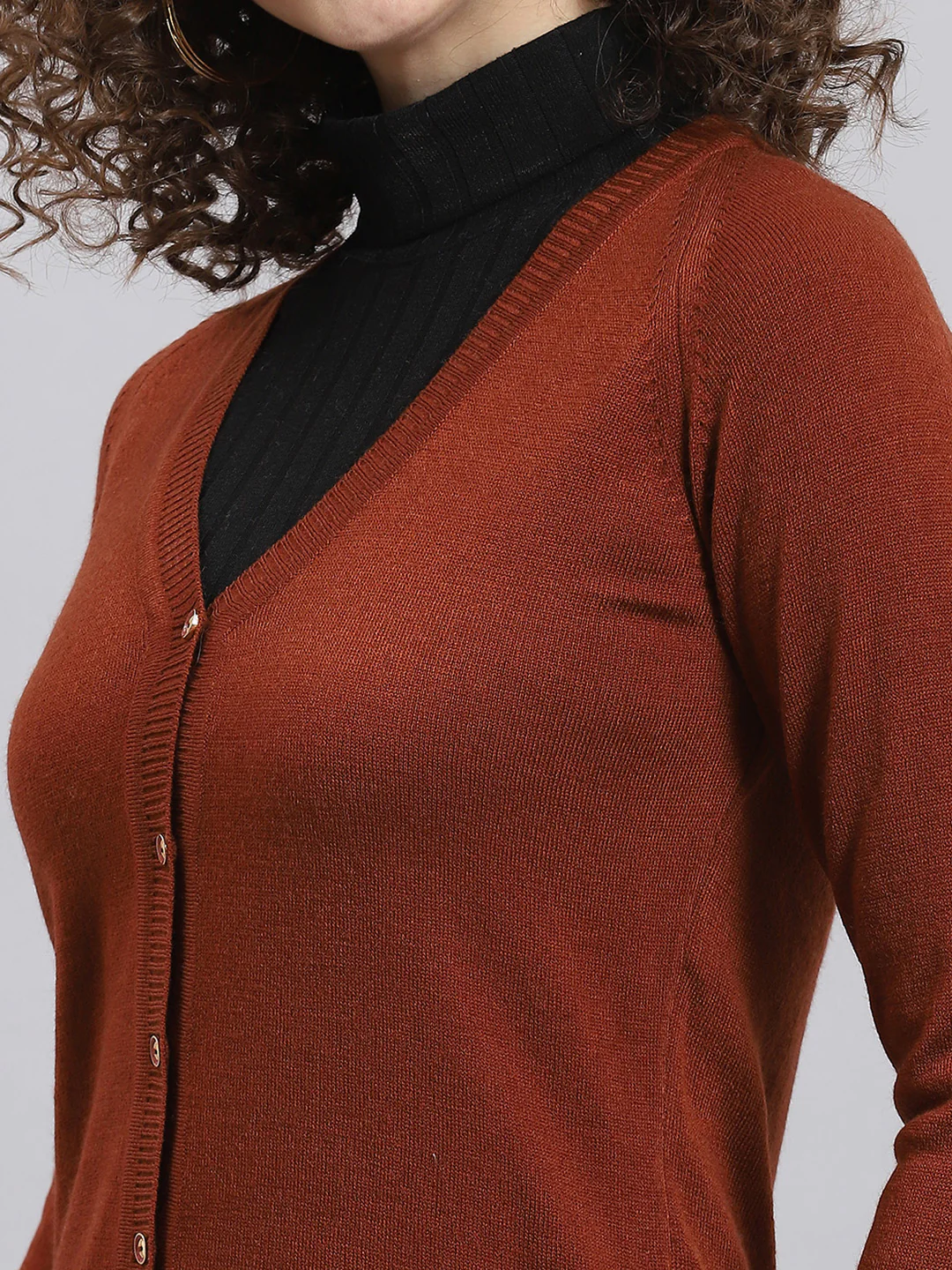 Women Rust Solid V Neck Full Sleeve Cardigan - Image 7
