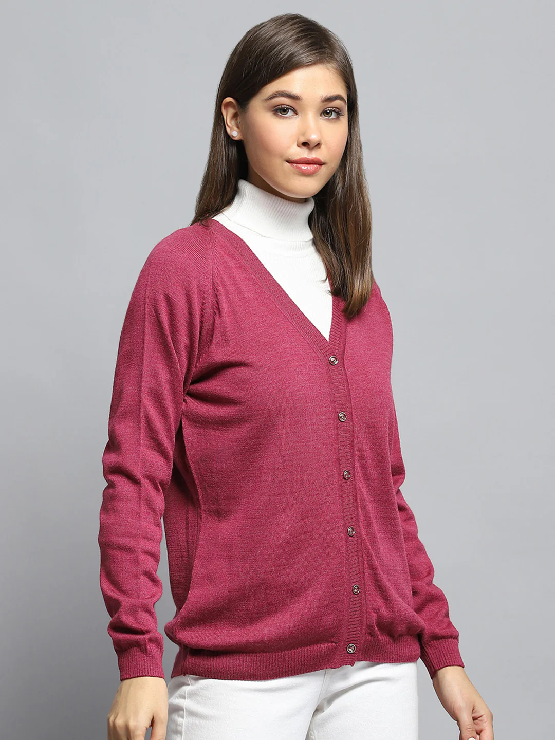 Women Rust Solid V Neck Full Sleeve Cardigan - Image 4