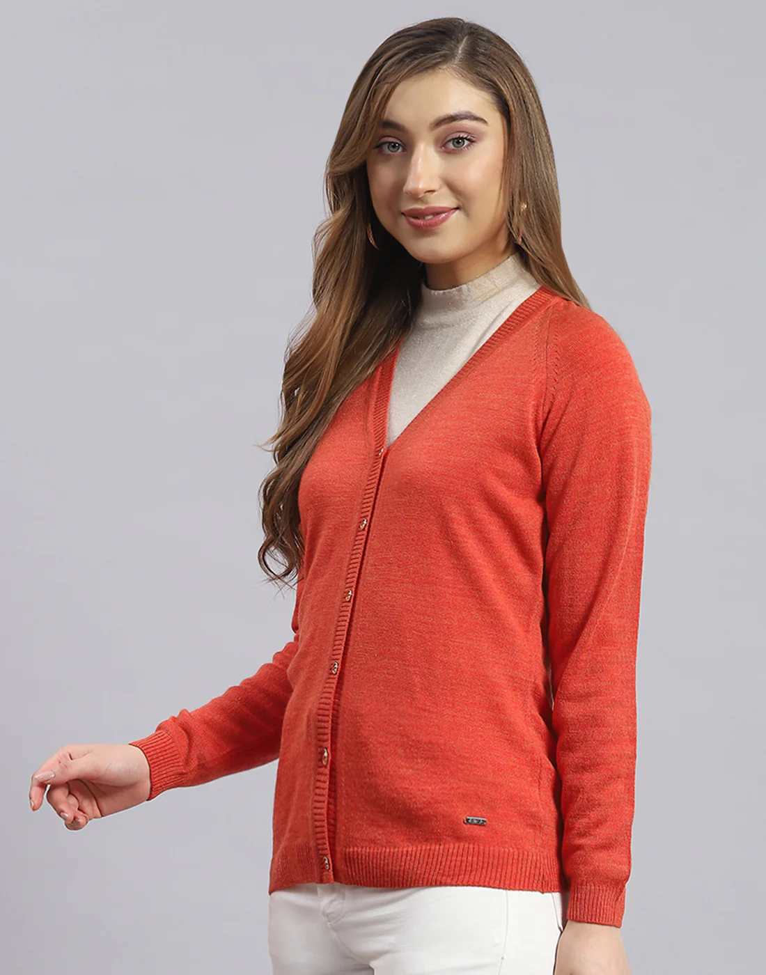Women Rust Solid V Neck Full Sleeve Cardigan - Image 3