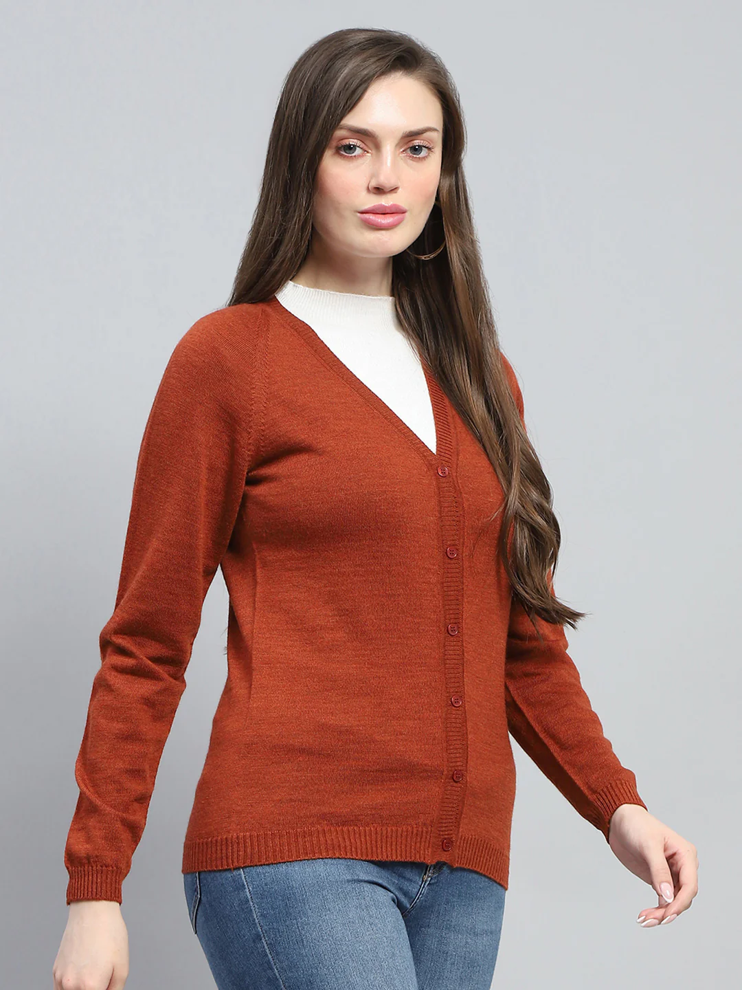 Women Rust Solid V Neck Full Sleeve Cardigan - Image 4