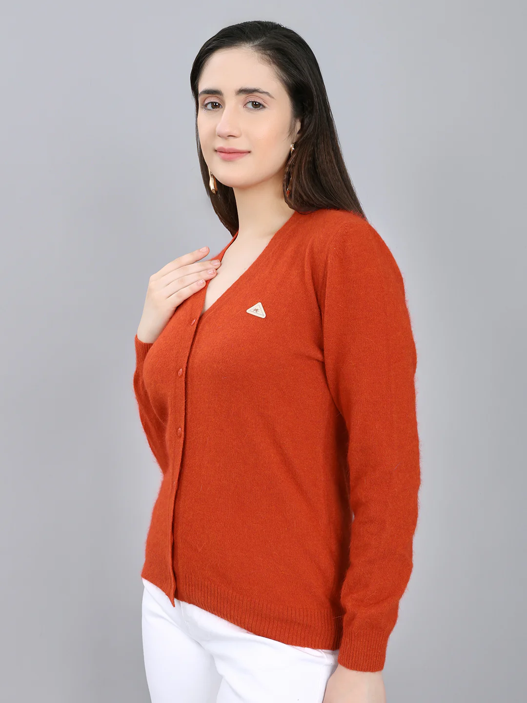 Women Rust Solid V Neck Full Sleeve Cardigan - Image 2