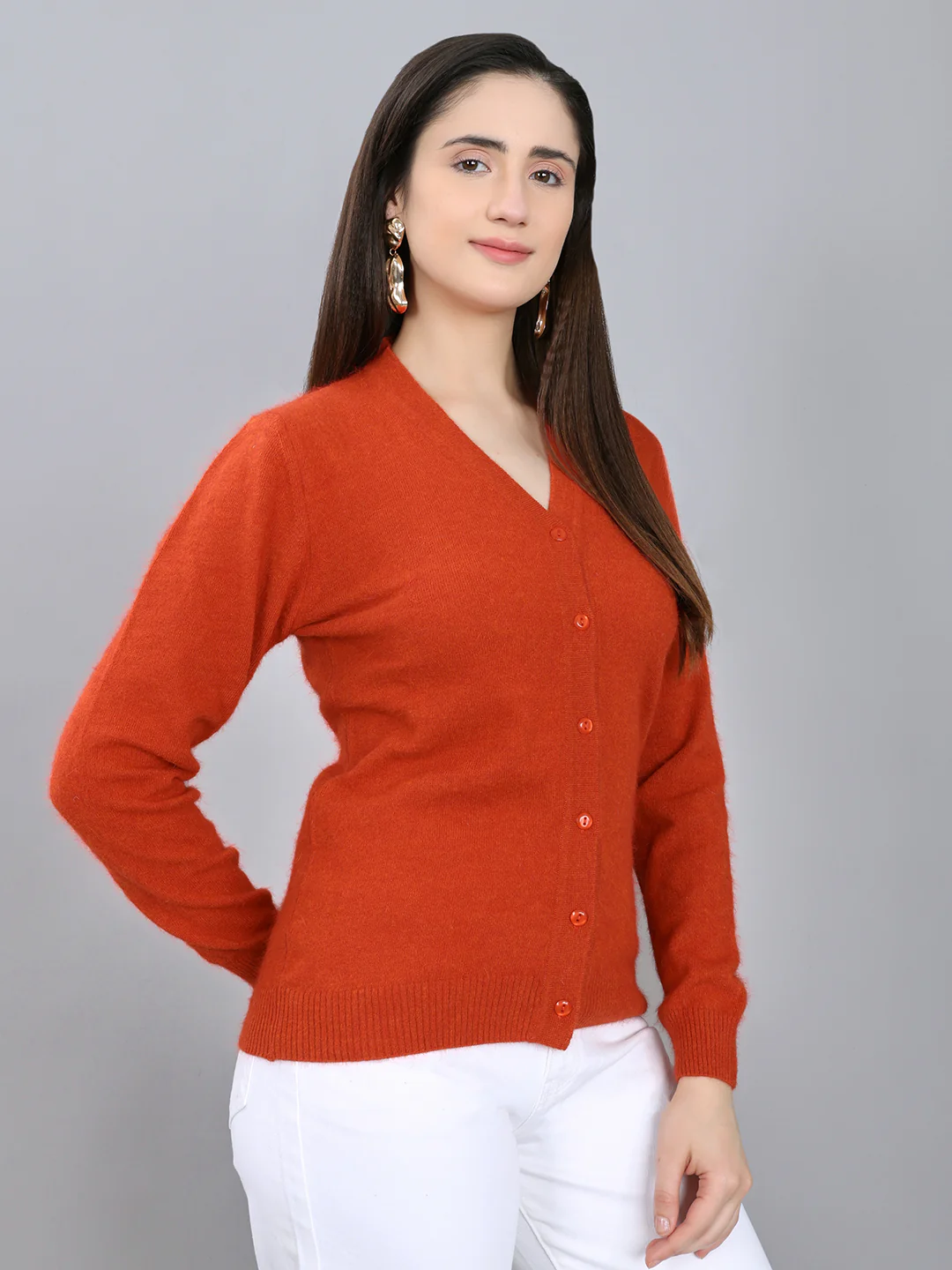 Women Rust Solid V Neck Full Sleeve Cardigan - Image 3