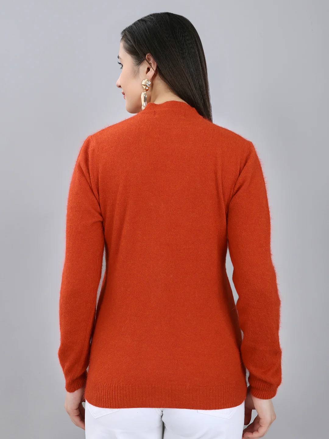 Women Rust Solid V Neck Full Sleeve Cardigan - Image 5