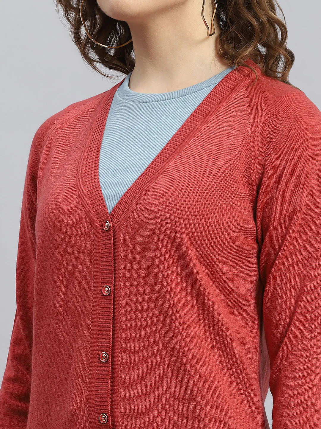 Women Rust Solid V Neck Full Sleeve Cardigans - Image 6