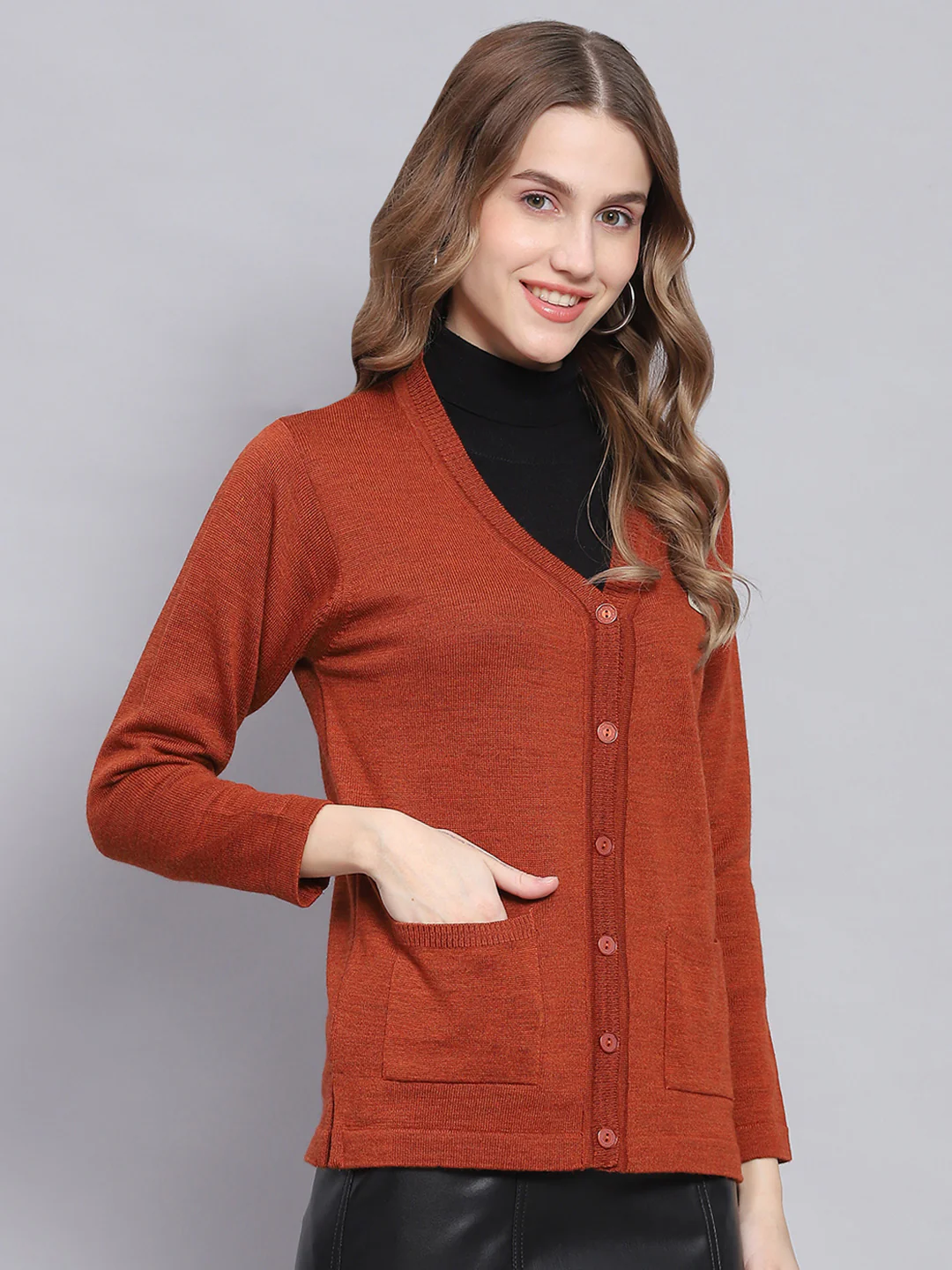 Women Rust Solid V Neck Full Sleeve Cardigans - Image 4