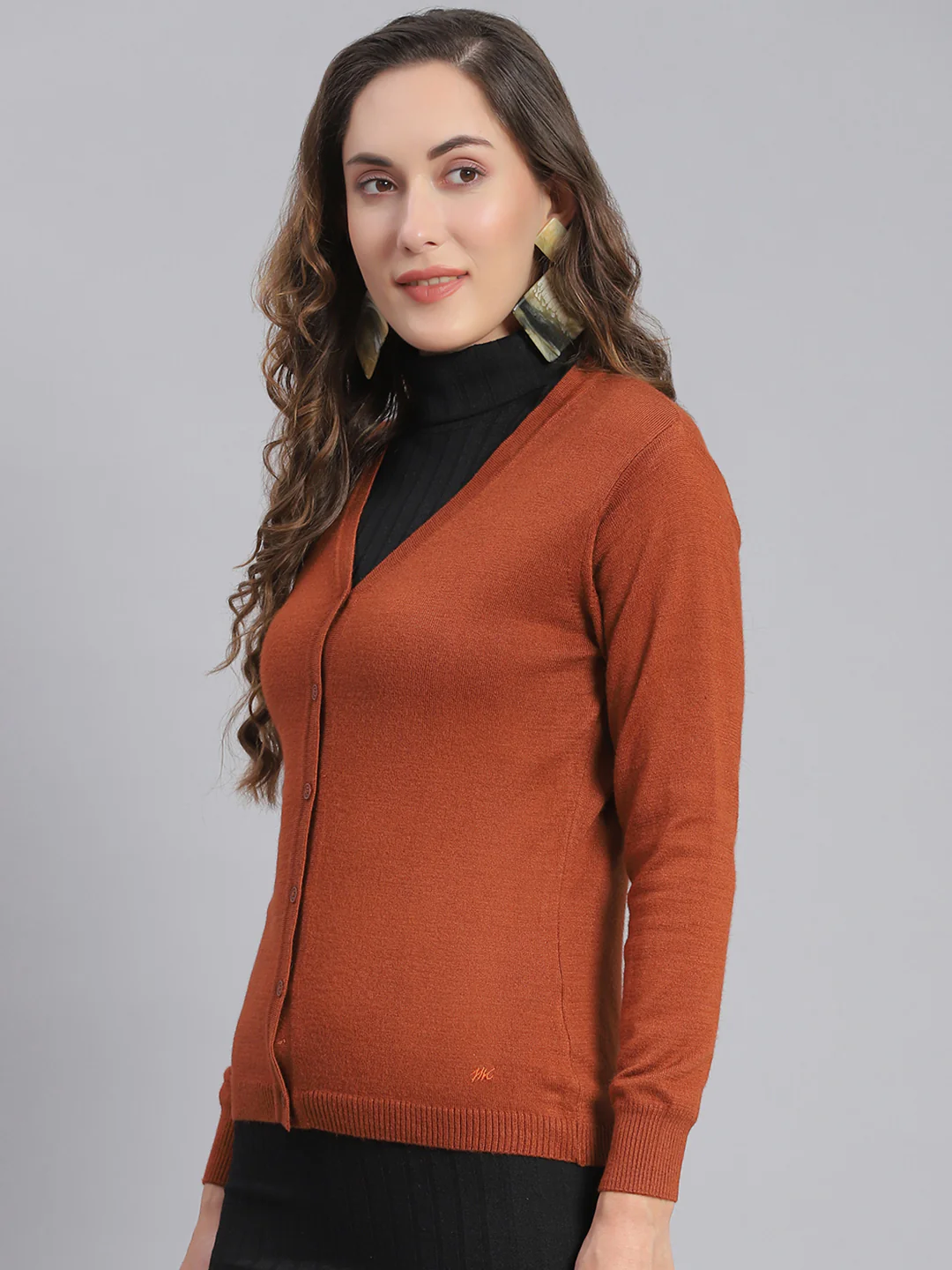 Women Rust Solid V Neck Full Sleeve Cardigans - Image 3