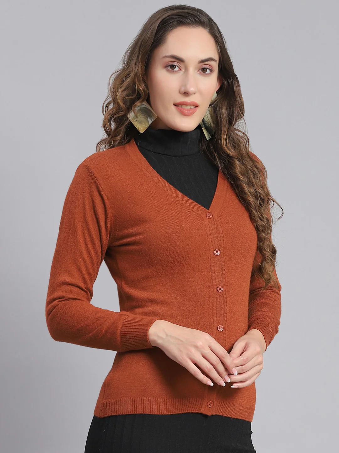 Women Rust Solid V Neck Full Sleeve Cardigans - Image 4
