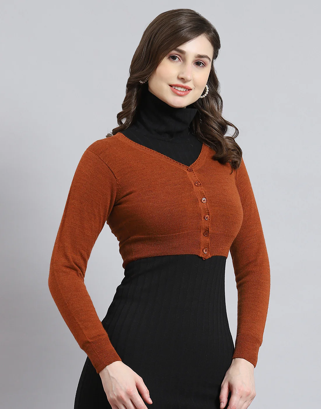 Women Rust Solid V Neck Full Sleeve Sweater - Image 5