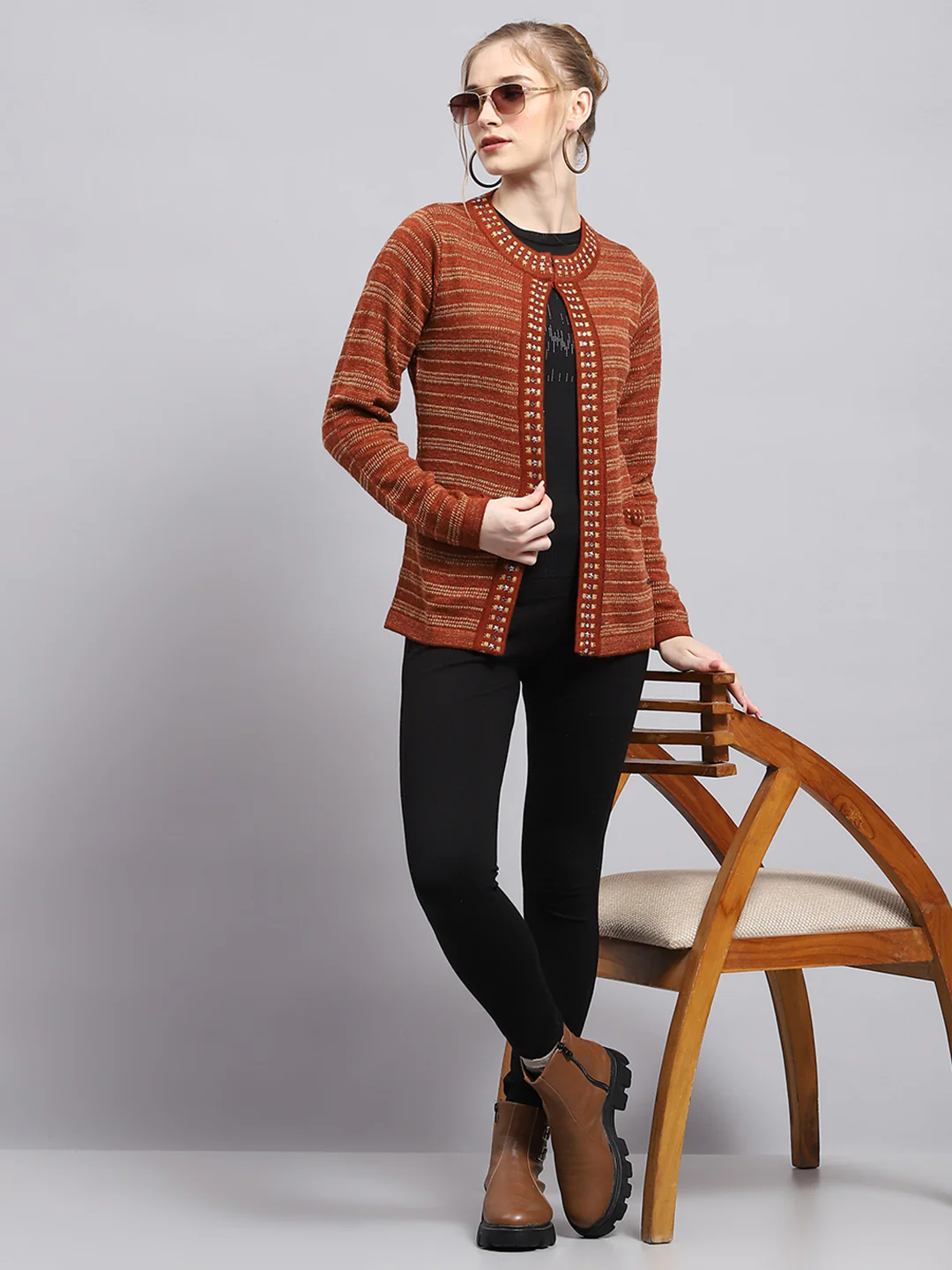 Women Rust Stripe Round Neck Full Sleeve Cardigan - Image 2