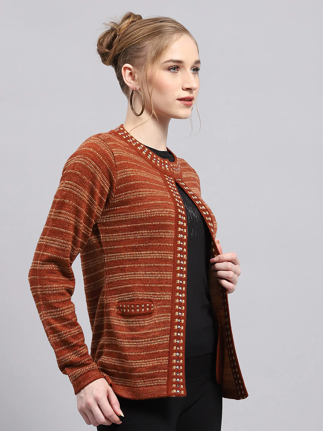 Women Rust Stripe Round Neck Full Sleeve Cardigan - Image 4