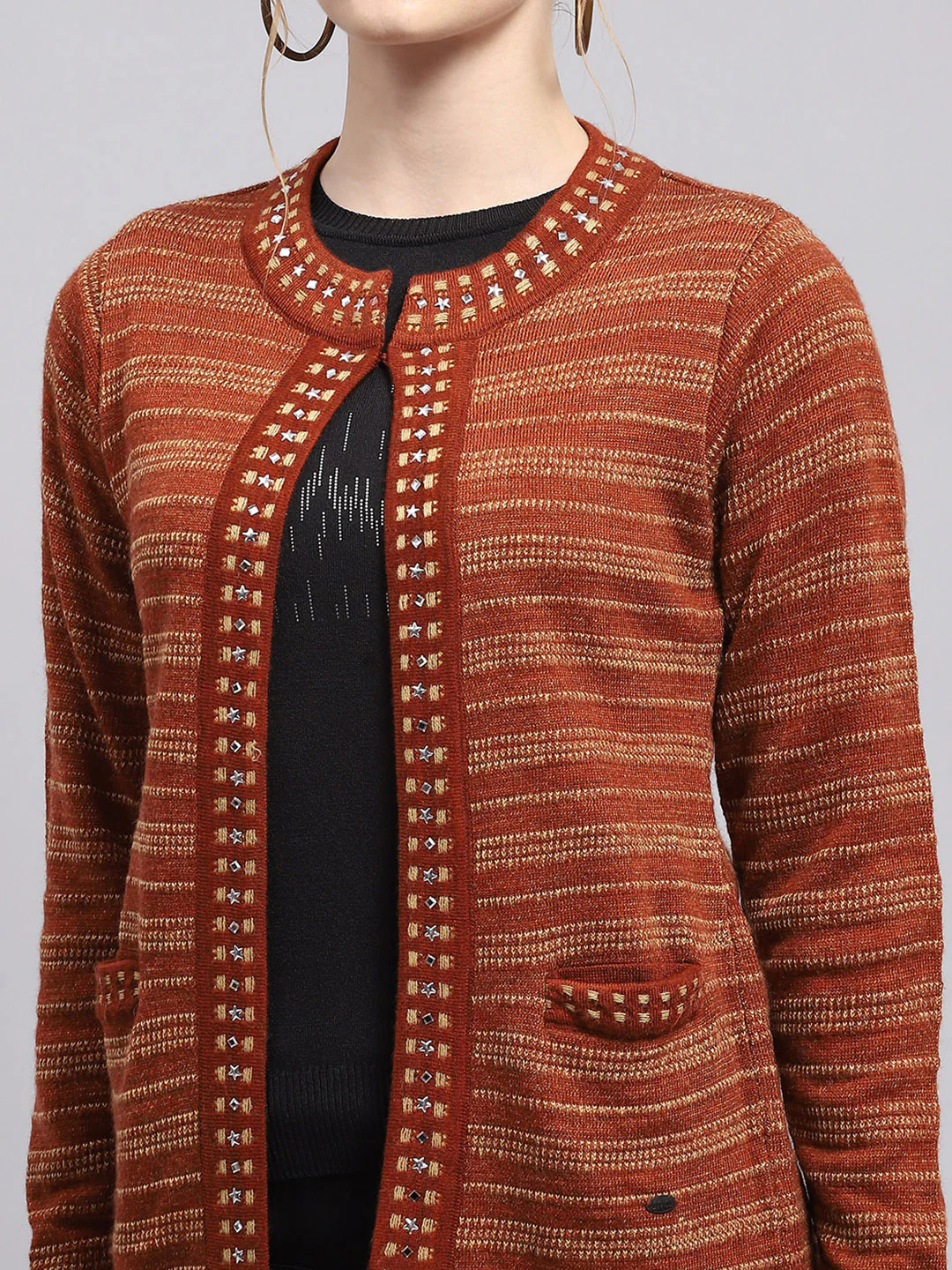 Women Rust Stripe Round Neck Full Sleeve Cardigan - Image 6