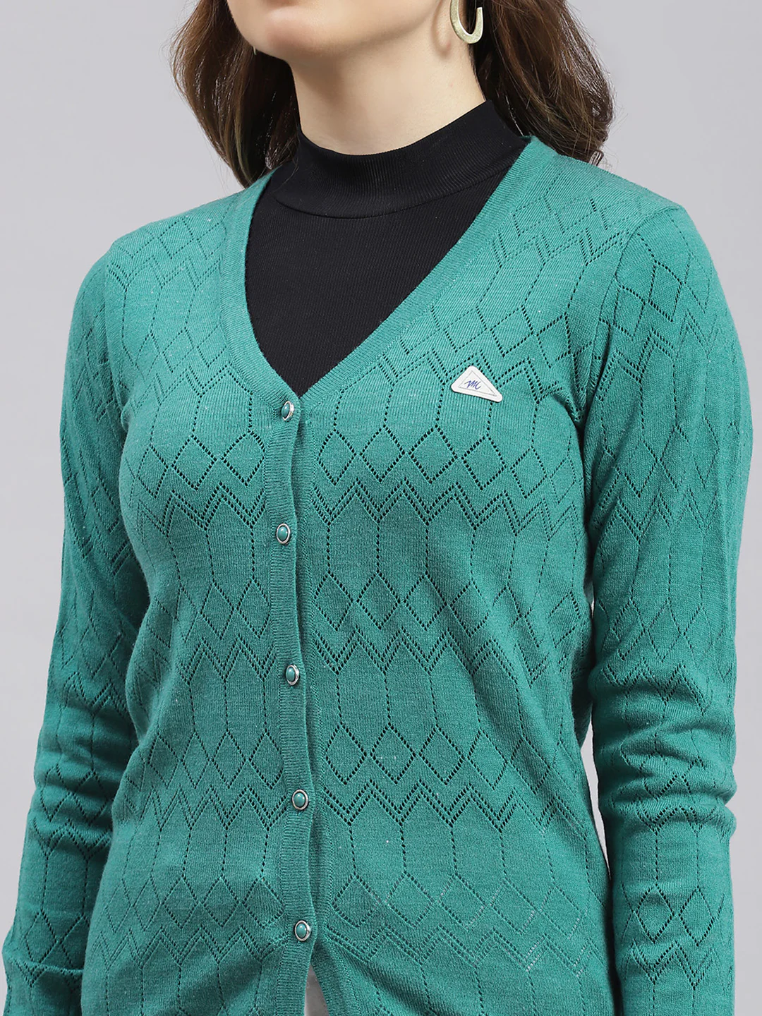 Women Sea Green Jaquard Wool blend Cardigan - Image 6