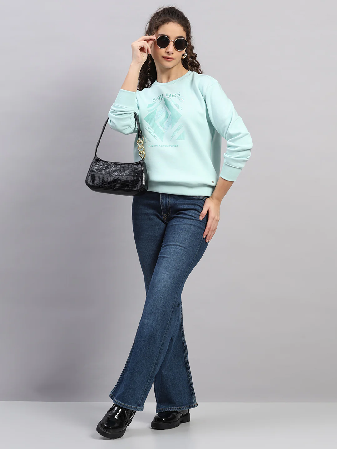 Women Sea Green Printed Round Neck Full Sleeve Sweatshirt - Image 2