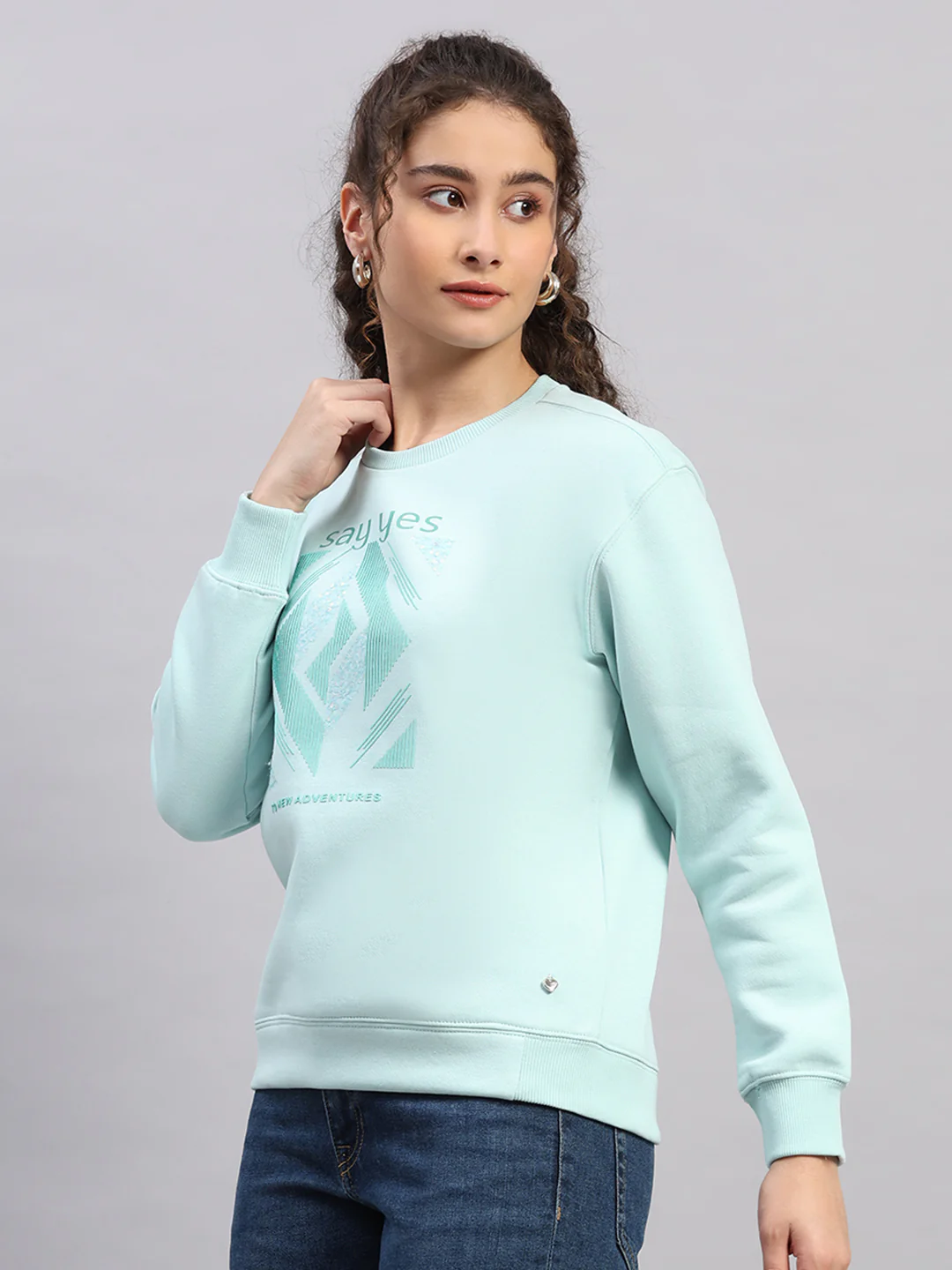 Women Sea Green Printed Round Neck Full Sleeve Sweatshirt - Image 3