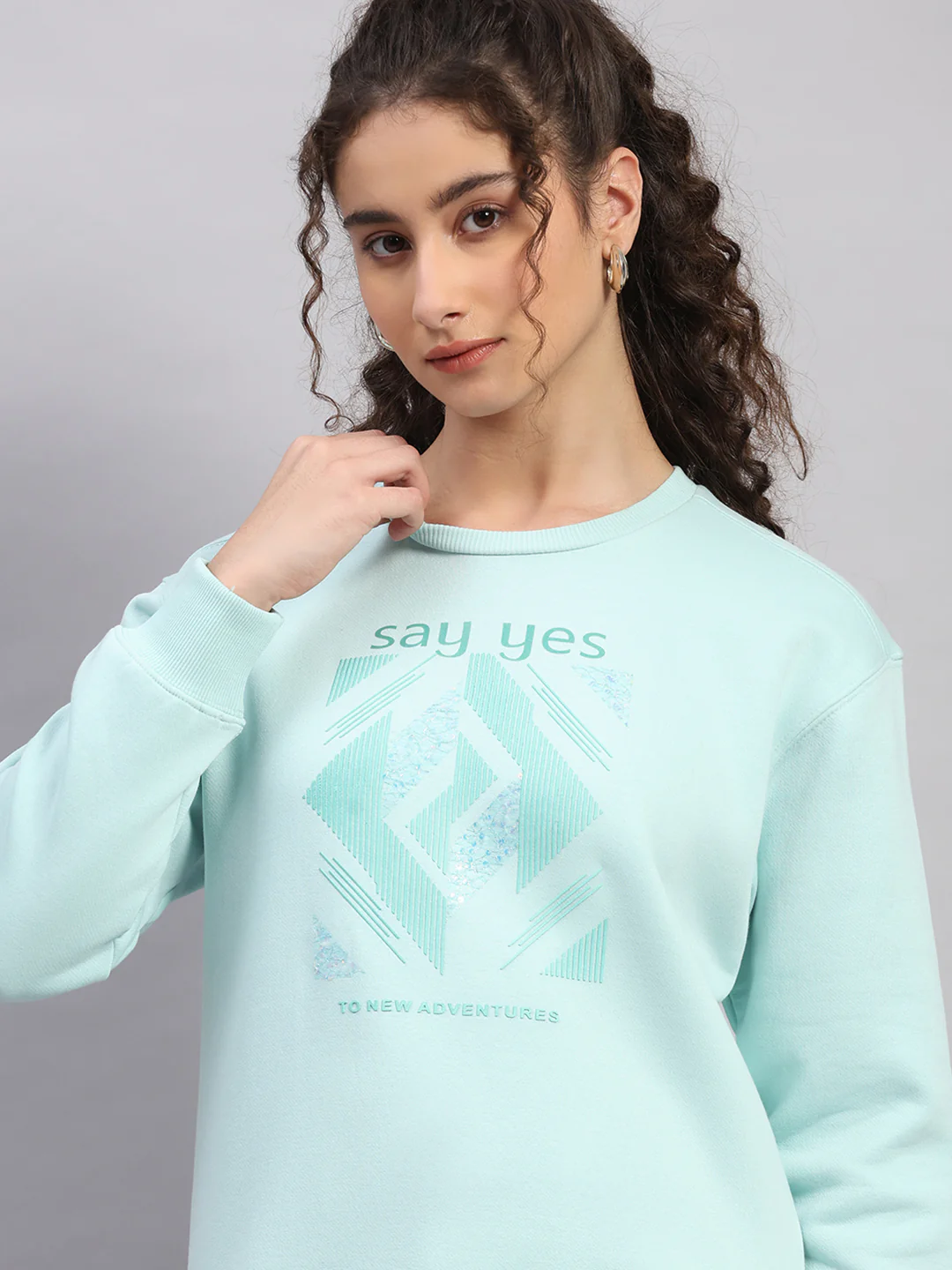 Women Sea Green Printed Round Neck Full Sleeve Sweatshirt - Image 6