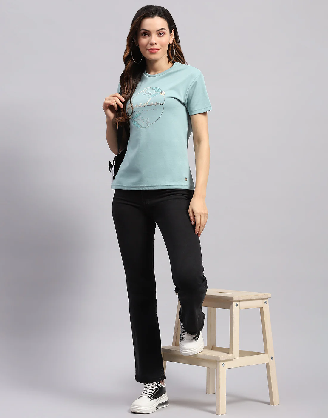 Women Sea Green Printed Round Neck Half Sleeve Top - Image 2