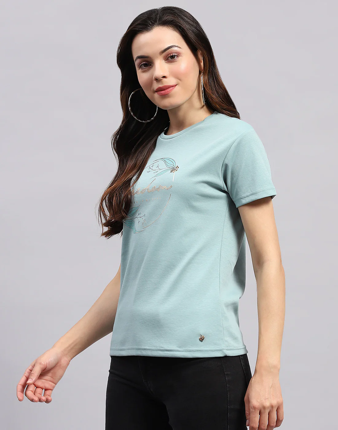 Women Sea Green Printed Round Neck Half Sleeve Top - Image 3