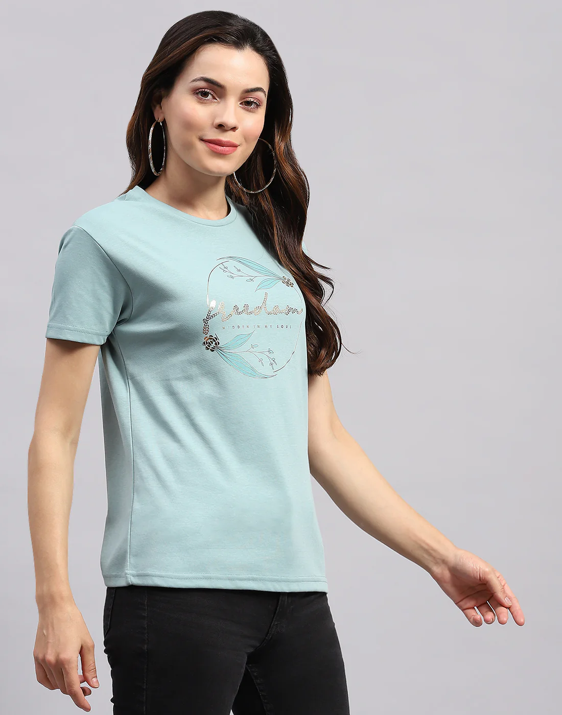 Women Sea Green Printed Round Neck Half Sleeve Top - Image 4
