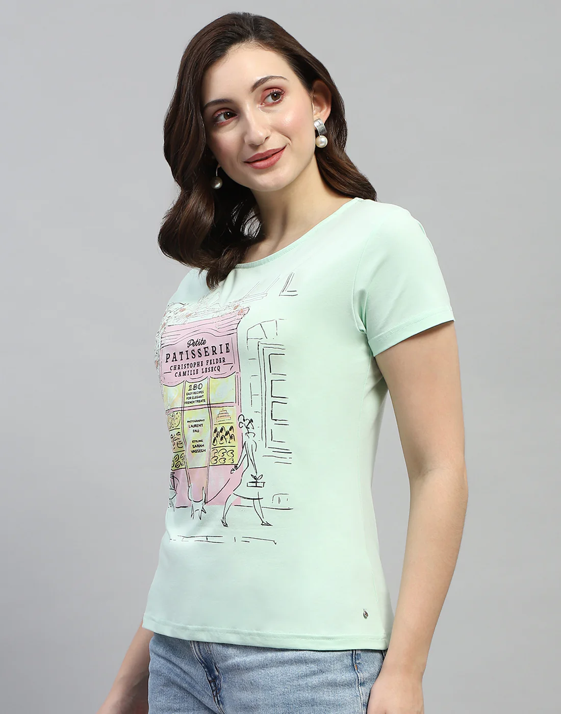 Women Sea Green Printed Round Neck Half Sleeve Top - Image 3