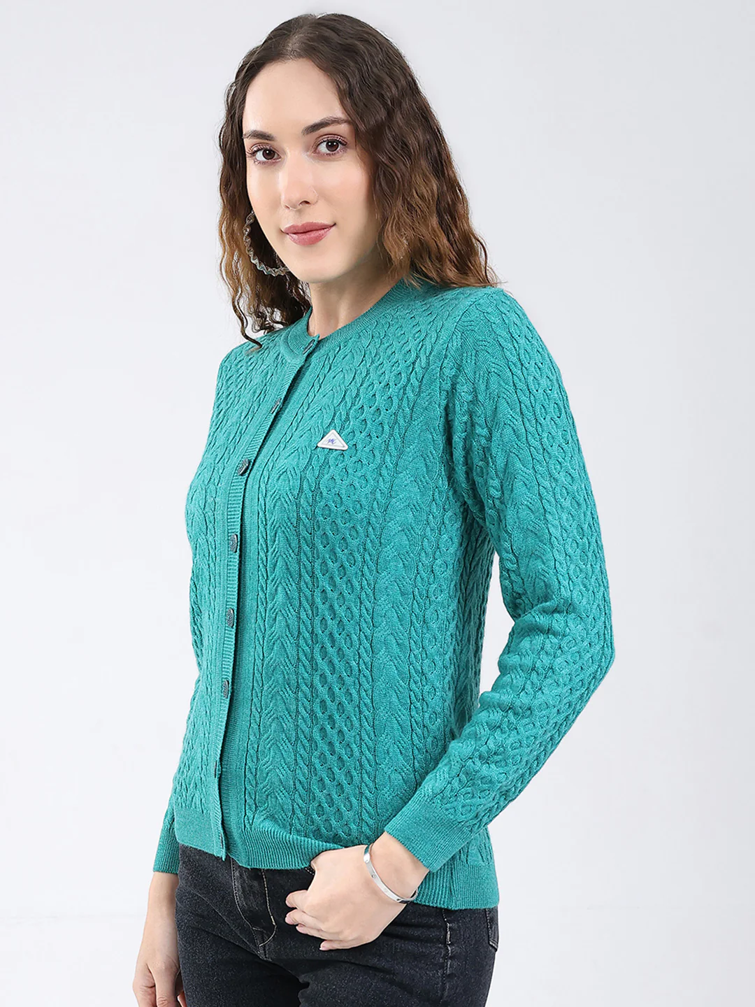 Women Sea Green Self Design Round Neck Full Sleeve Cardigan - Image 3