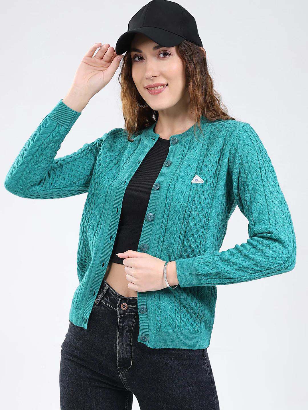 Women Sea Green Self Design Round Neck Full Sleeve Cardigan - Image 7