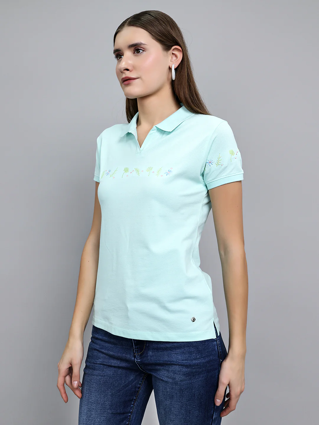 Women Sea Green Solid Collar Half Sleeve T-Shirt - Image 2