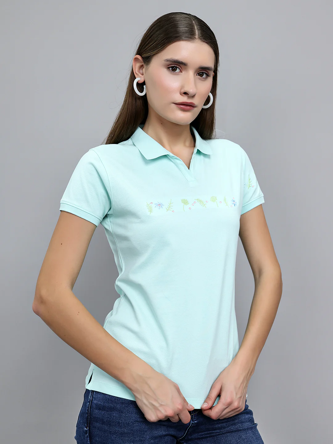 Women Sea Green Solid Collar Half Sleeve T-Shirt - Image 3