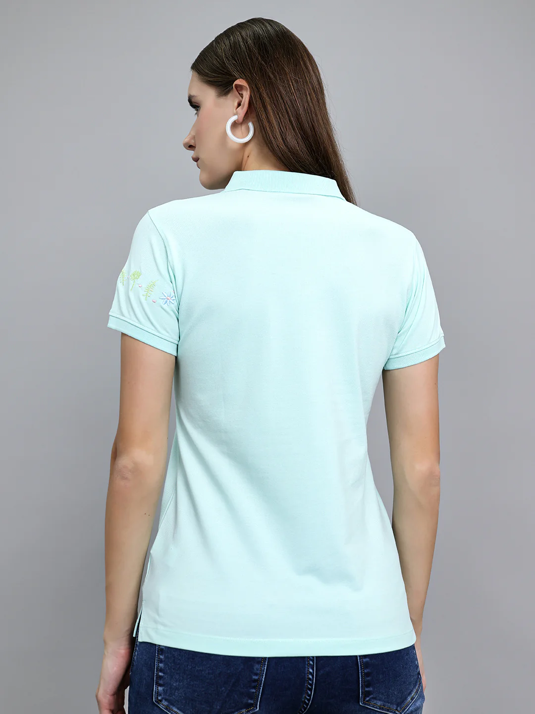 Women Sea Green Solid Collar Half Sleeve T-Shirt - Image 4