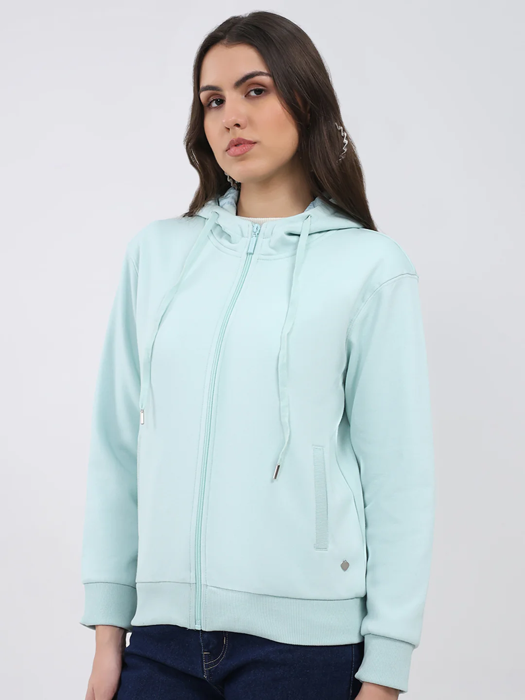 Women Sea Green Solid Hooded Full Sleeve Sweatshirt - Image 3