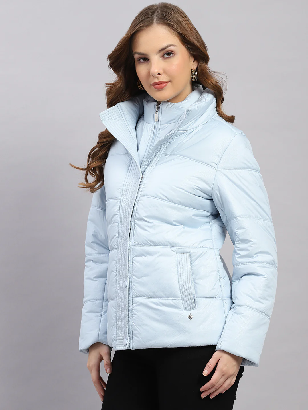 Women Sky Blue Printed Collar Full Sleeve Jacket - Image 3