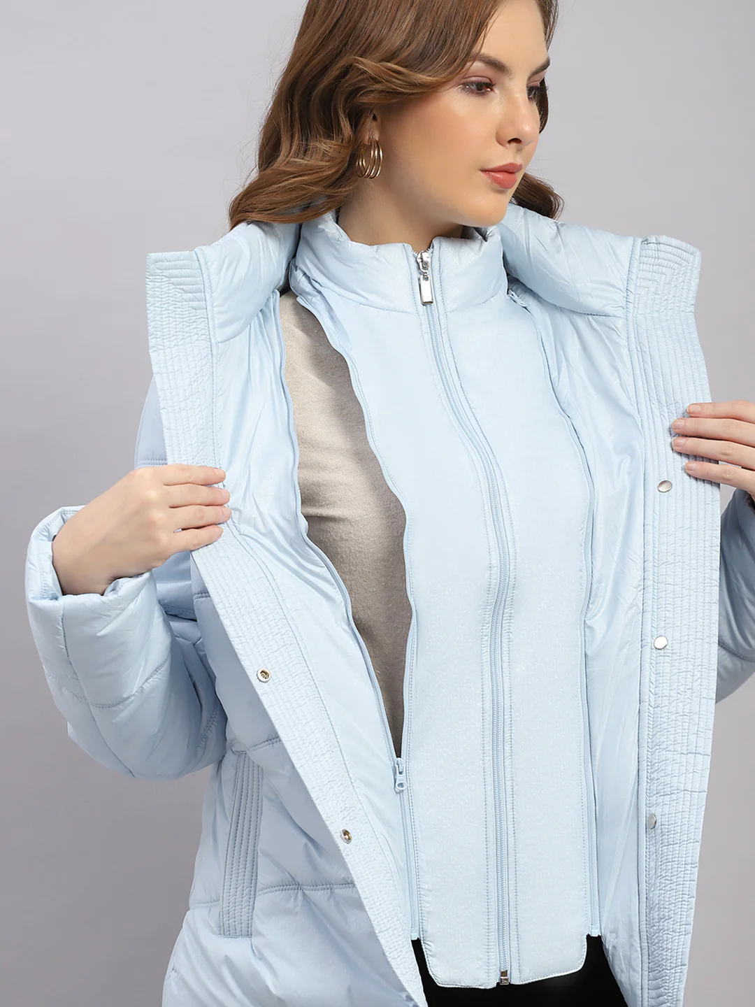 Women Sky Blue Printed Collar Full Sleeve Jacket - Image 6