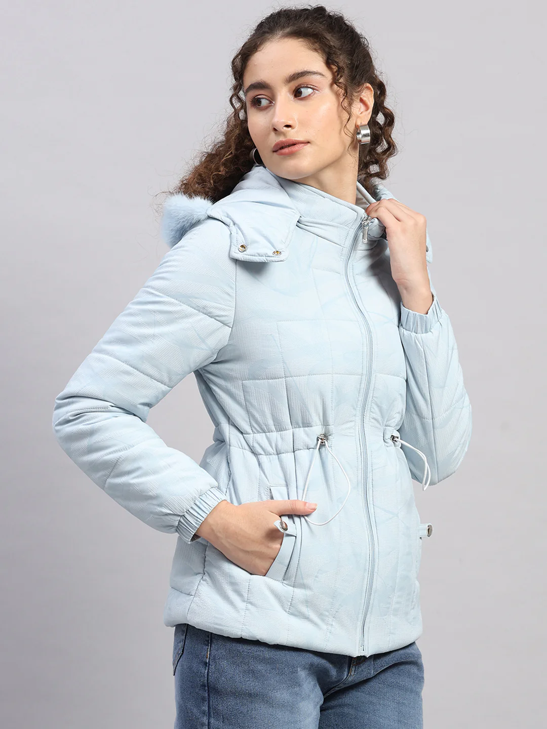 Women Sky Blue Printed Hooded Full Sleeve Jacket (-10° Protection) - Image 4