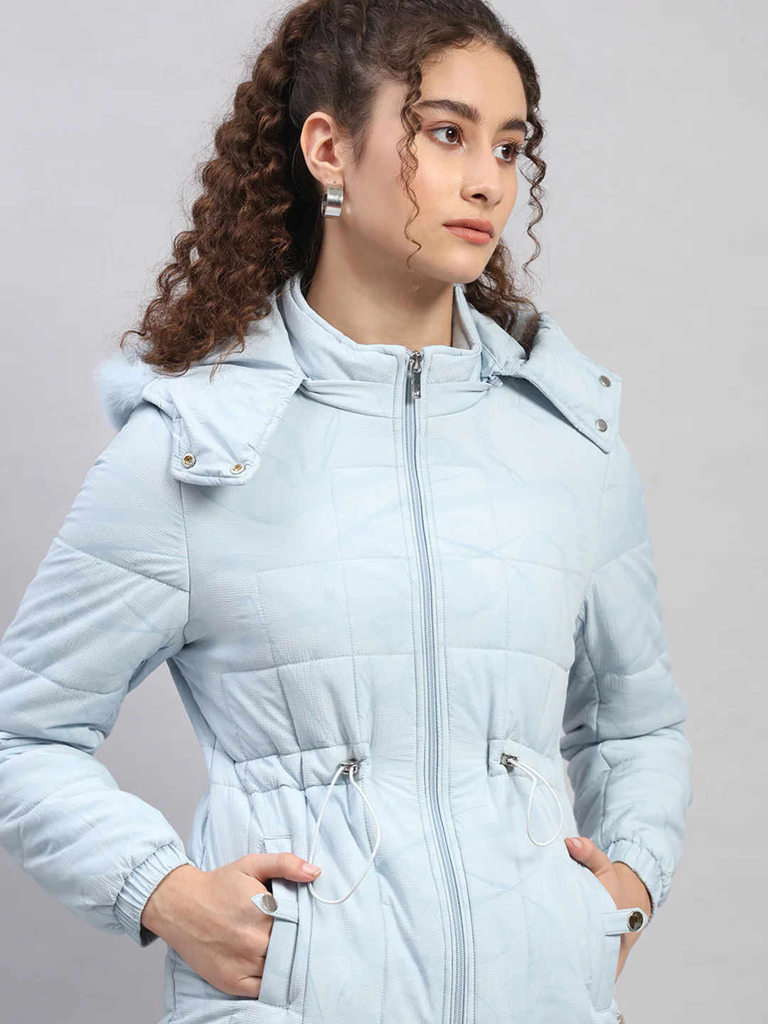 Women Sky Blue Printed Hooded Full Sleeve Jacket (-10° Protection) - Image 6