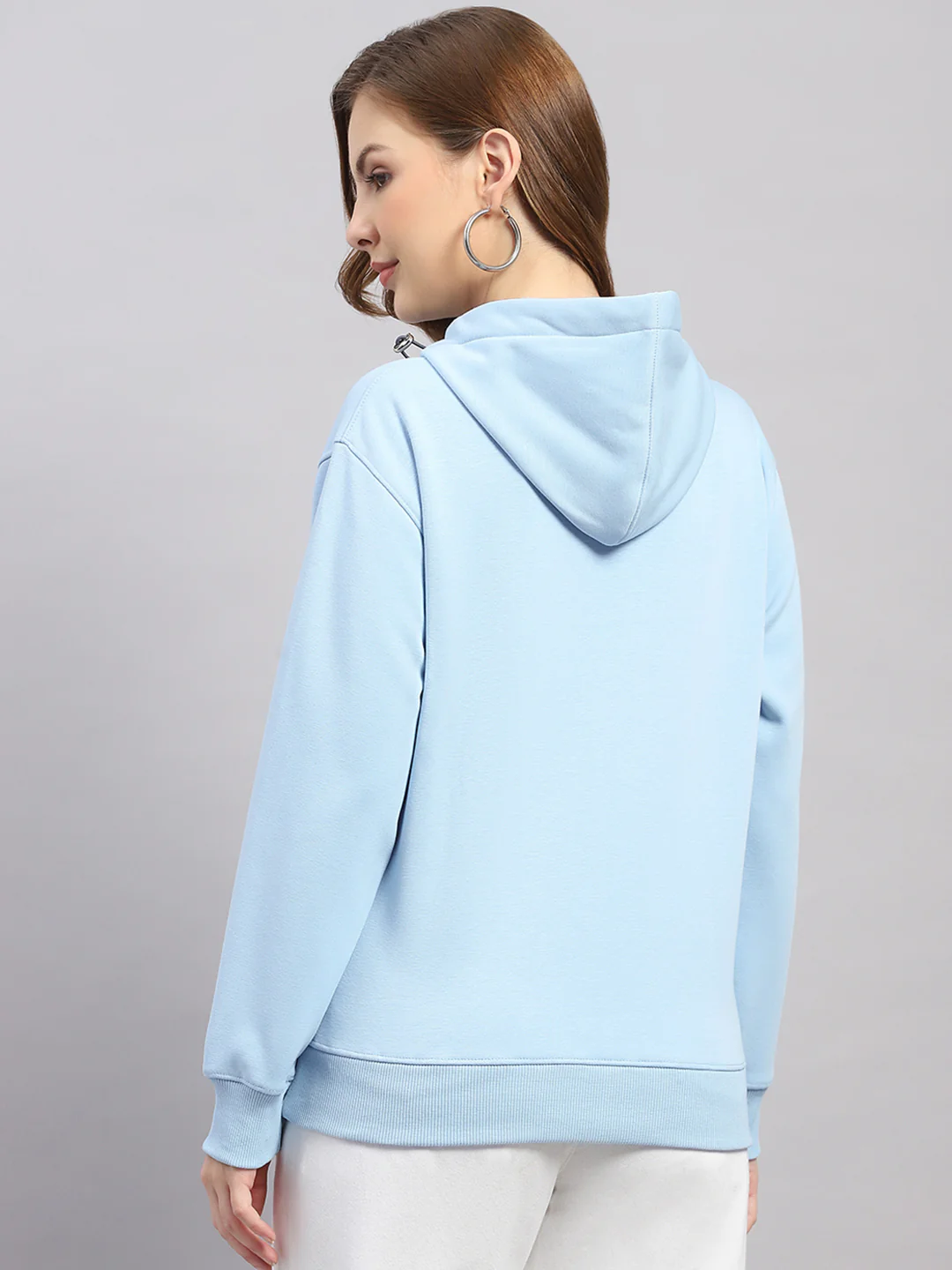 Women Sky Blue Printed Hooded Full Sleeve Sweatshirt - Image 5