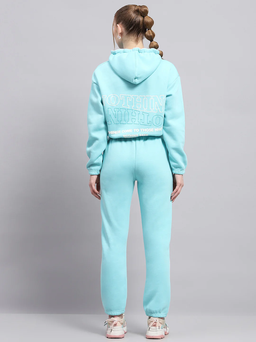Women Sky Blue Printed Hooded Full Sleeve Tracksuit - Image 5