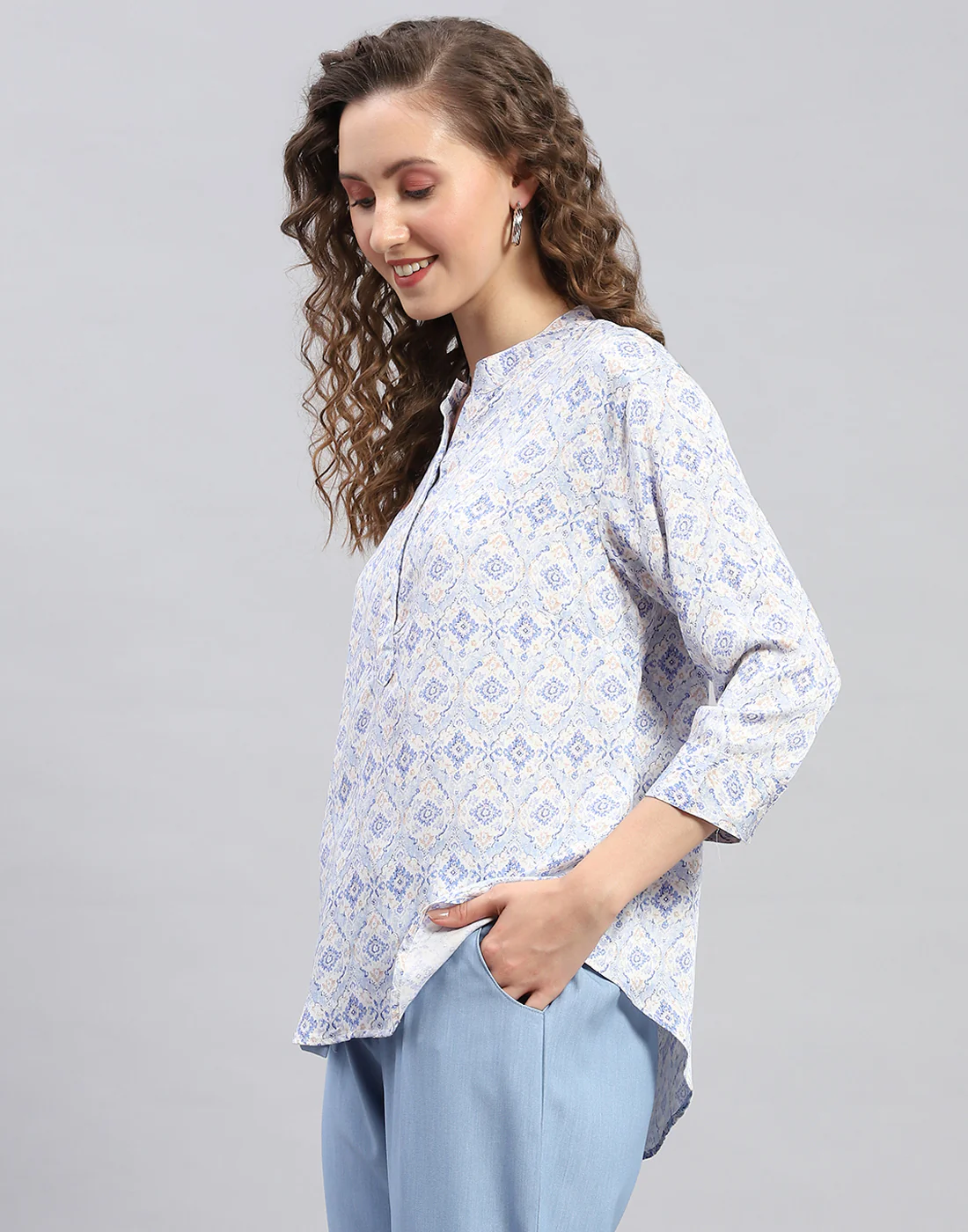 Women Sky Blue Printed  Mandarin Neck 3/4 Sleeve Top - Image 3