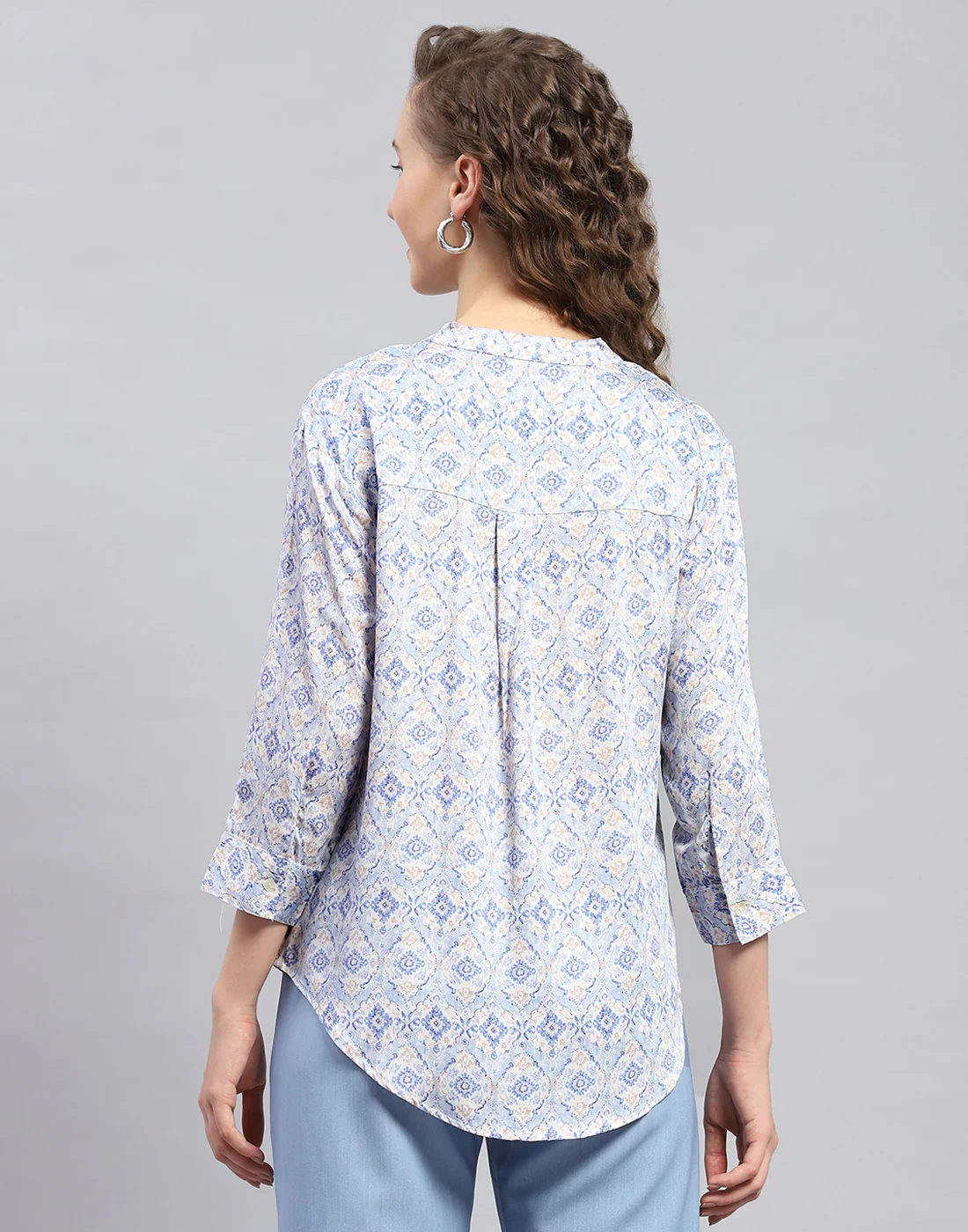 Women Sky Blue Printed  Mandarin Neck 3/4 Sleeve Top - Image 5