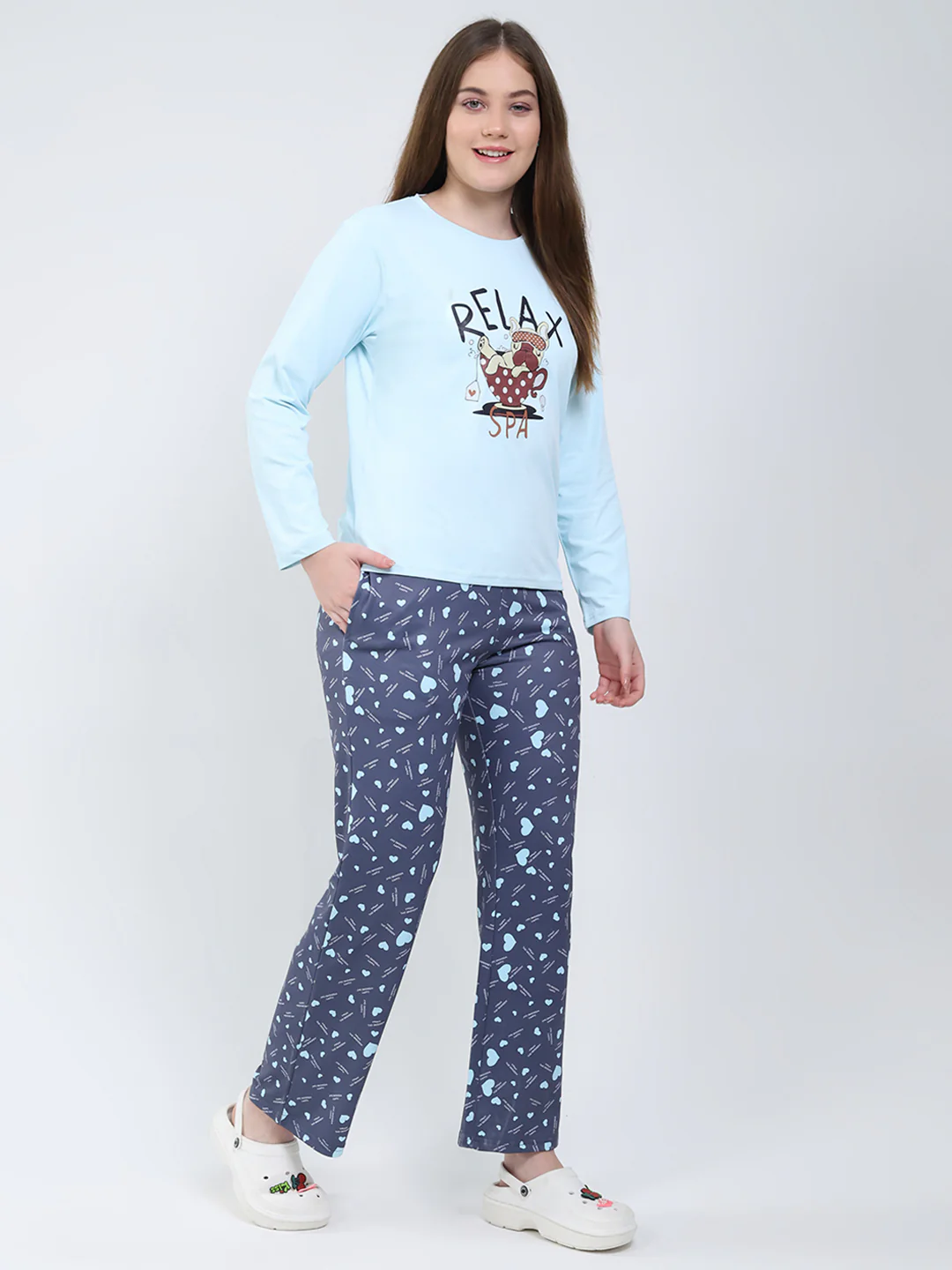 Women Sky Blue Printed Round Neck Full Sleeve Lower Set - Image 4