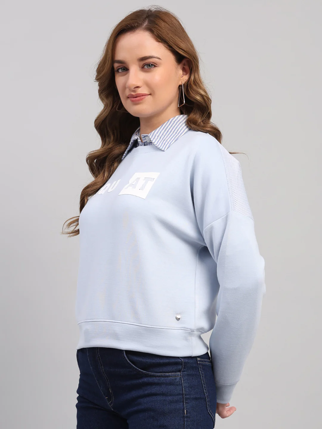 Women Sky Blue Printed Round Neck Full Sleeve Sweatshirt - Image 3