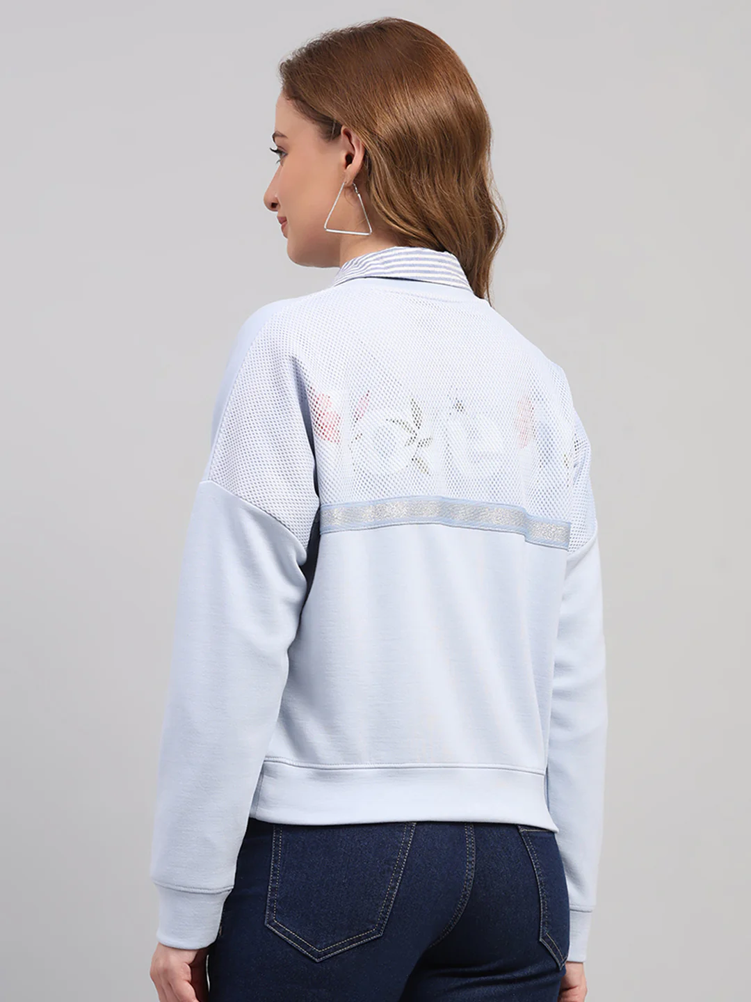 Women Sky Blue Printed Round Neck Full Sleeve Sweatshirt - Image 5