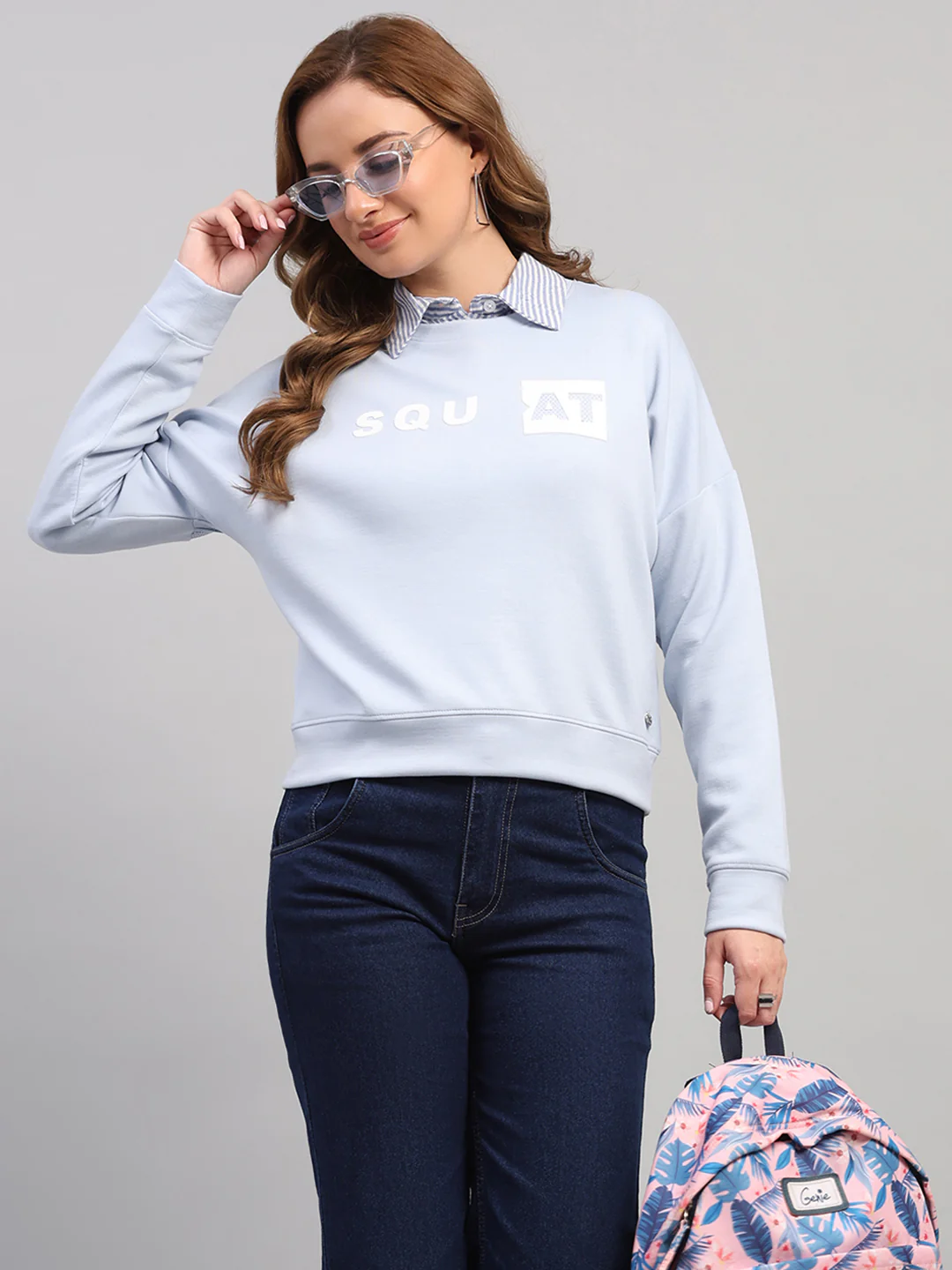 Women Sky Blue Printed Round Neck Full Sleeve Sweatshirt - Image 6