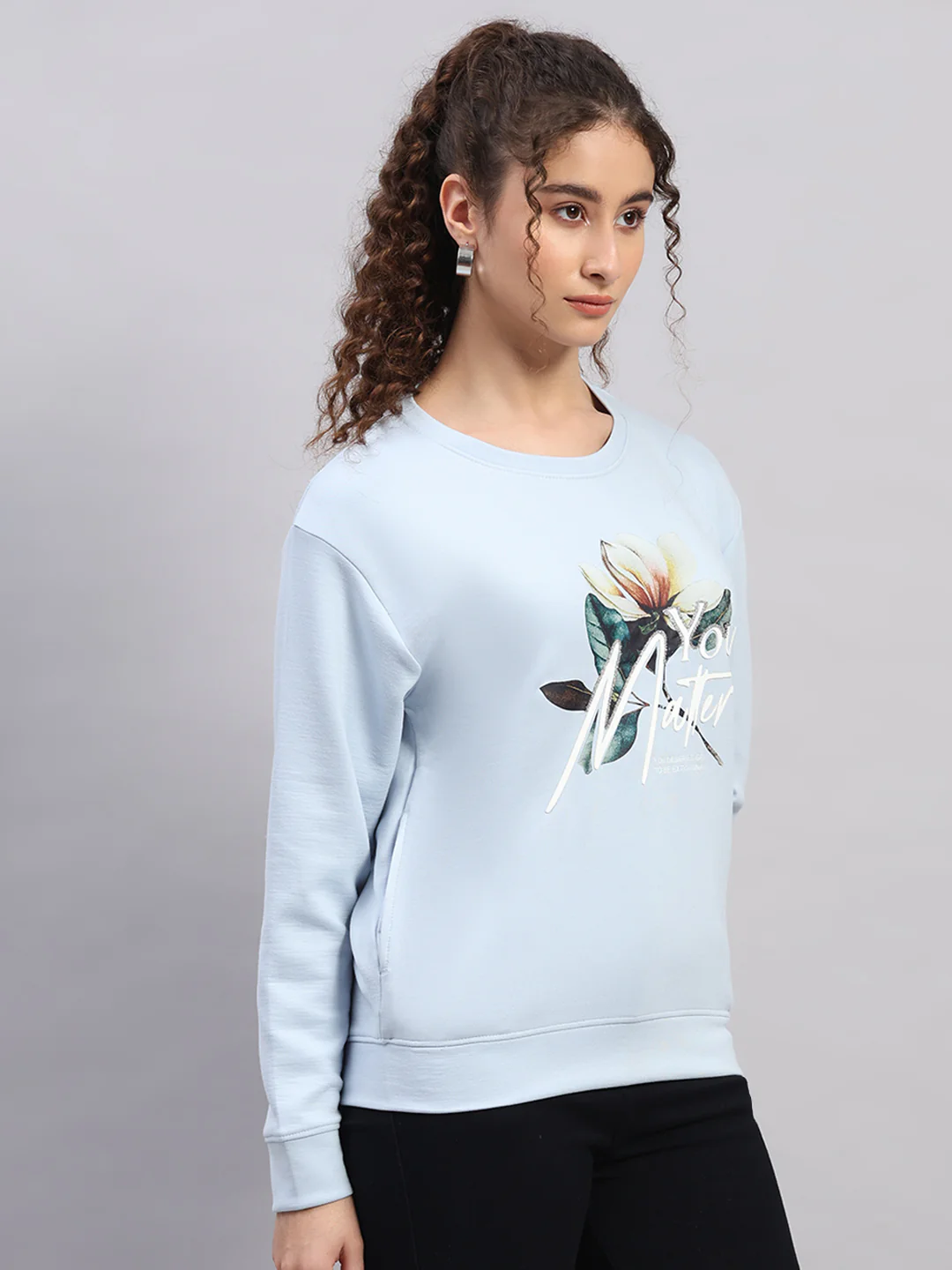 Women Sky Blue Printed Round Neck Full Sleeve Sweatshirt - Image 4