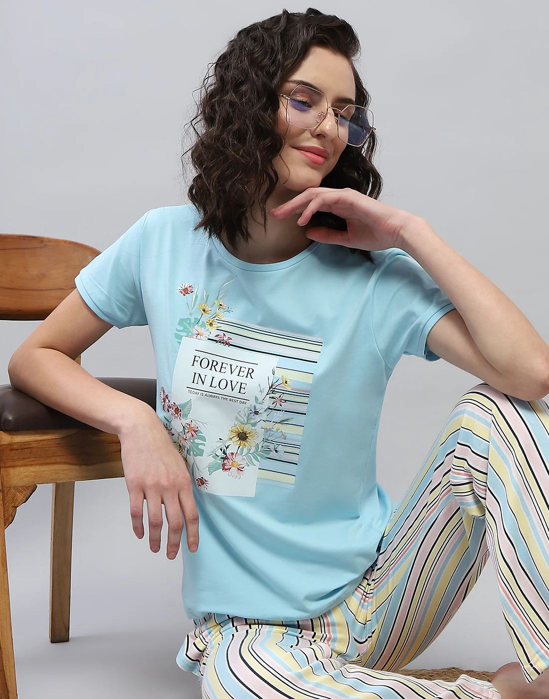 Women Sky Blue Printed Round Neck Half Sleeve Combo 3Pc Set - Image 2
