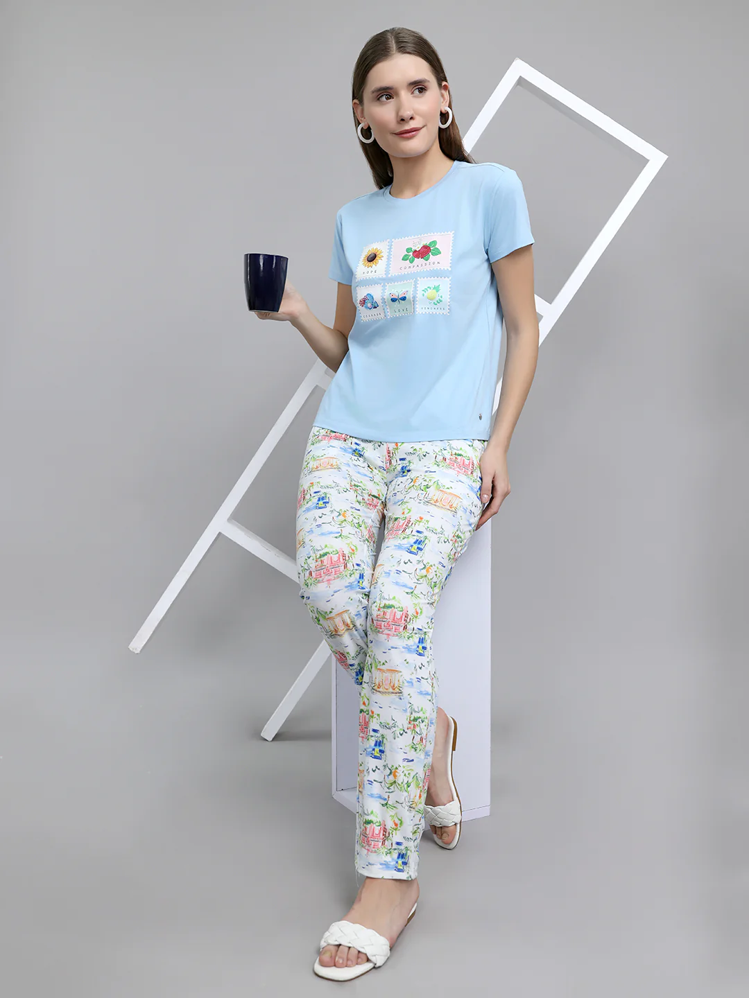 Women Sky Blue Printed Round Neck Half Sleeve Lower Set - Image 6