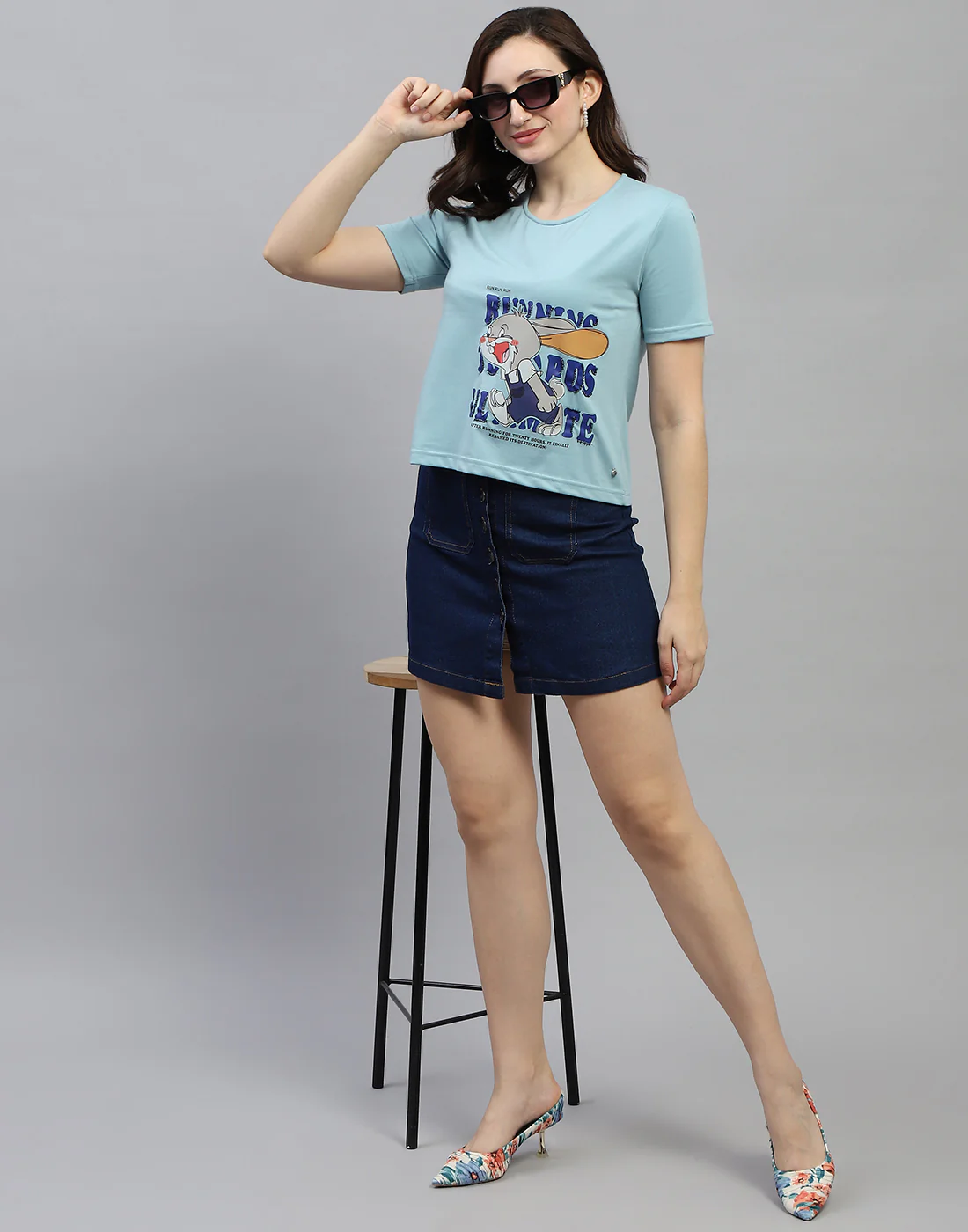 Women Sky Blue Printed Round Neck Half Sleeve Top - Image 2